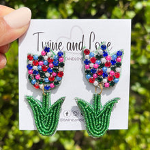 Load image into Gallery viewer, floral Beaded Earrings, beaded tulip Earrings, floral Earrings, tulip love Beaded Earrings, tulip fan earrings, floral lover bead earrings, Tulip beaded earrings, tulip earrings, Beaded earrings, tulip Love bead earrings, tulip seed bead earrings, tulip gifts, floral accessories, spring summer accessories, spring summer earrings, gifts for mom, gifts for mom, floral multicolor earrings 