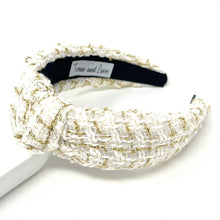 Load image into Gallery viewer, headbands for women, Wide headband, handmade headbands, top knotted headband, knotted headband, hair band for women, embellished headband, tweed headband, ivory headband for women, luxury headband, tweed knot headband for women, knotted jeweled headband, ivory tweed headband, embellished knot headband, tweed knot headband, white ivory tweed headband, tweed knotted headband, fall hair accessories, fall autumn accessories, winter headbands, plain tweed headband, tweed plaid headband, tweed accessories, best s