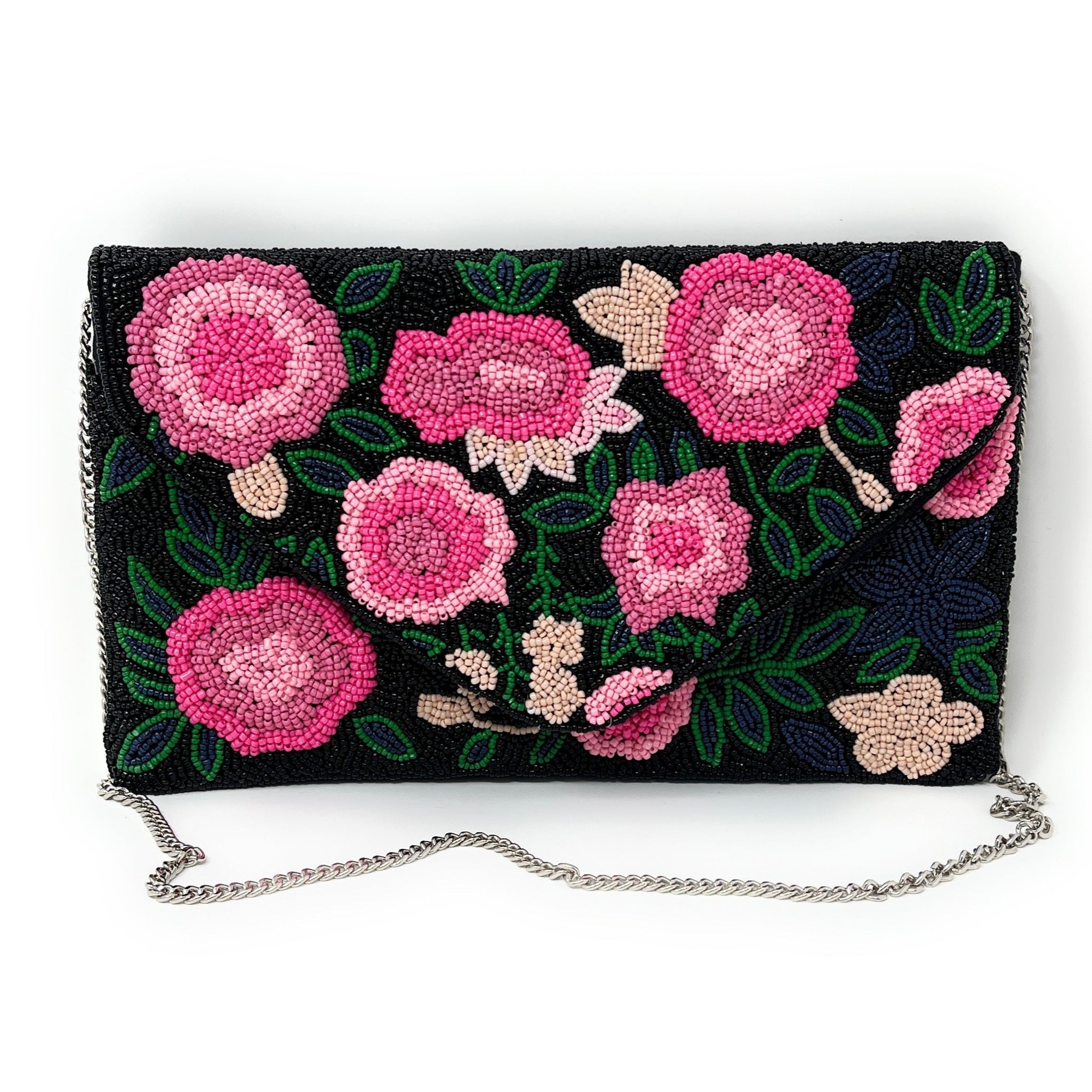 Hand Beaded Pink Clutch, Roses Seed Bead Clutch Bag, Floral Beaded Clutch