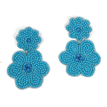 Load image into Gallery viewer, floral Beaded Earrings, beaded blue Earrings, Yellow floral Earrings, turquoise love Beaded Earrings, blue flower earrings, floral lover bead earrings, blue beaded earrings, blue floral earrings, Beaded earrings, blue Love bead earrings, blue seed bead earrings, floral accessories, spring summer accessories, spring summer earrings, gifts for mom, best friend gifts, birthday gifts, flower earrings, flower beaded earrings, floral earrings accessory, blue earrings, small beaded earrings 