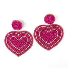Load image into Gallery viewer,  Hearts Beaded Earrings, hot Pink Heart Earrings, Valentines Day Earrings, Valentines Beaded Earrings, Seed Bead, Valentines Heart earrings, red earrings, red beaded earrings, pink beaded earrings, Love beaded earrings, valentines beaded earrings, Hearts earrings, fuchsia hearts earrings, holiday gifts, holiday accessories, holiday beaded accessories, Holiday red accessories, Holiday Valentines earrings, Valentines Day gifts, best Selling items, fuchsia earrings, valentines day gifts for her