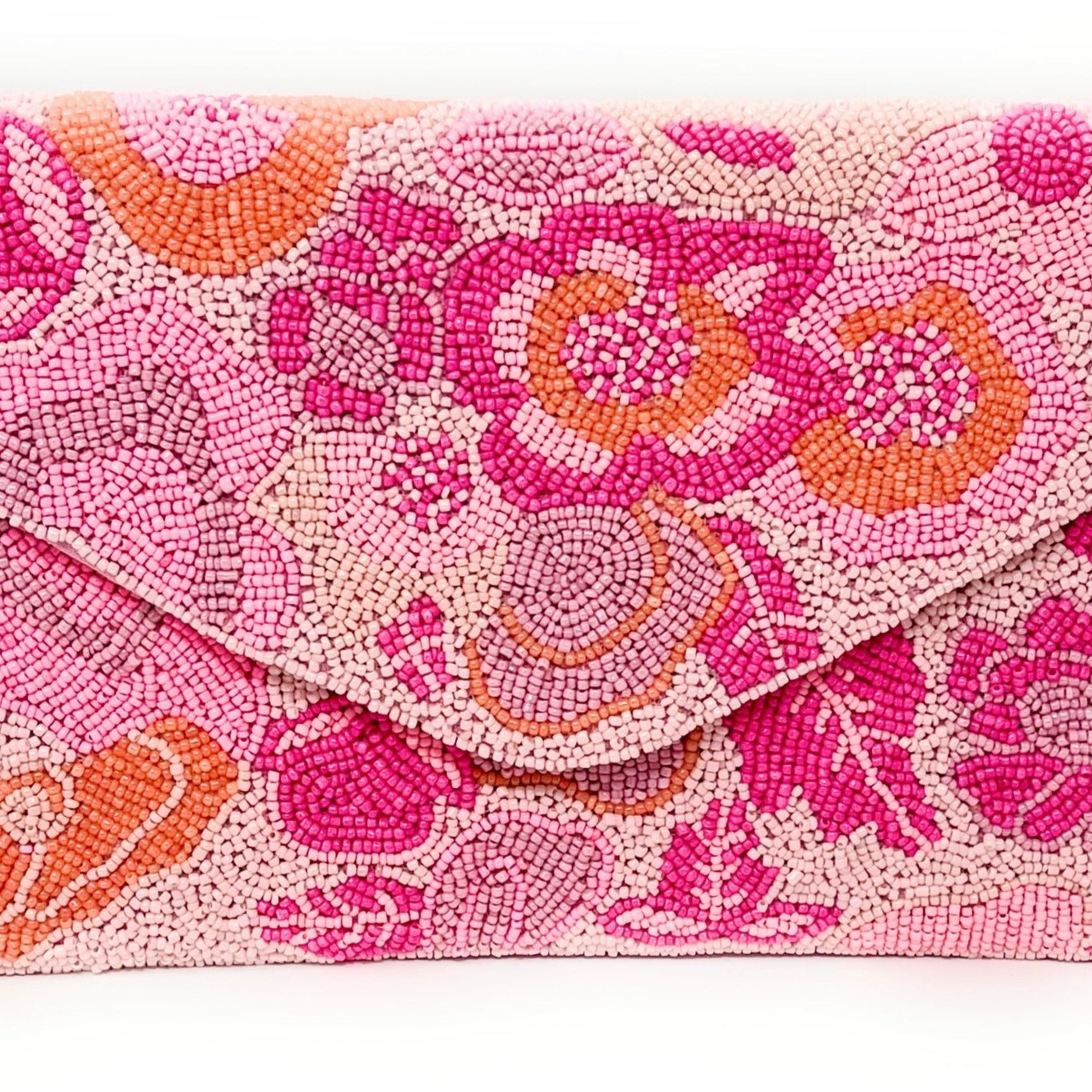 Hand Beaded Pink Clutch, Roses Seed Bead Clutch Bag, Floral Beaded Clutch