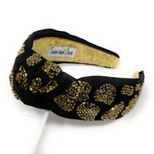 Load image into Gallery viewer, headband for women, beaded Knotted headband, bead headbands for women, birthday headbands, top knot headband, beaded top knot headband, rainbow headband, gold black hair band, trendy headbands, leopard black headband, statement headbands, top knotted headband, knotted headband, party headbands, red black leopard headband, New Orleans Saints headbands, embellished headband, Saints, gemstone headband for women, luxury headband, jeweled headband for women, jeweled knot headband, gold black headbands