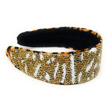 Load image into Gallery viewer, headband for women, beaded Knotted headband, bead headbands for women, birthday headbands, Black beaded headband, beaded black headband, wide embellished headband, black hair band, leopard headband, wide black headband, statement headbands, hand embellished headband, wide embellished headband, party headbands, rhinestone  headband, Leopard headband, embellished headband, gemstone headband for women, luxury headband, jeweled headband for women, gold white headband, statement headbands