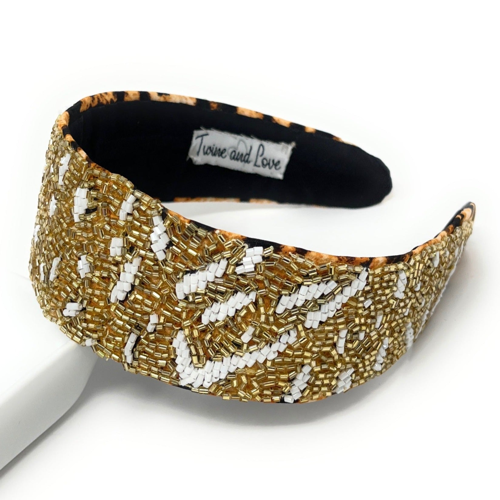 Leopard Beaded Headband, Gold White Embellished Headband  display picture 2