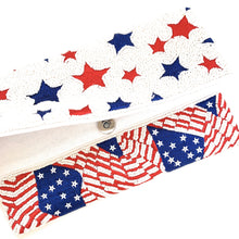 Load image into Gallery viewer, USA Flag Beaded Clutch, Star American USA Flag Seed Bead Cross body Clutch Bag, Beaded Flag Purse, 4th of July Gift, Patriotic Clutch Purse, 4th of july clutch, 4th of July Accessories, USA Clutch Bag, American Flag print, American Flag clutch, American Flag Purse, Beaded Clutch Purse, Patriotic Purse, Gifts for her, Gifts for 4 July, seed bead clutch, beaded crossbody, beaded purse, White blue purse, USA stars purse, Americana purse