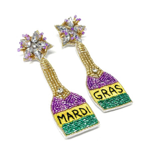 earrings for women, Gold Purple earrings, beaded earrings, Mardi Gras earrings, NOLA earrings, Mardi earrings, Purple earrings, Champagne bottle earrings, trendy earrings, party earrings, New Orleans party earrings, Mardi gras party earrings, holiday earrings, beaded purple earrings, luxury earrings, Mardi gras accessories, Mardi Gras gifts, Mardi Gras New Orleans earrings