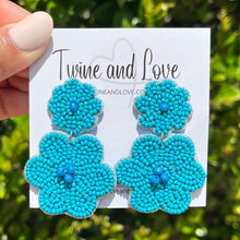 Load image into Gallery viewer, floral Beaded Earrings, beaded blue Earrings, Yellow floral Earrings, turquoise love Beaded Earrings, blue flower earrings, floral lover bead earrings, blue beaded earrings, blue floral earrings, Beaded earrings, blue Love bead earrings, blue seed bead earrings, floral accessories, spring summer accessories, spring summer earrings, gifts for mom, best friend gifts, birthday gifts, flower earrings, flower beaded earrings, floral earrings accessory, blue earrings, small beaded earrings 