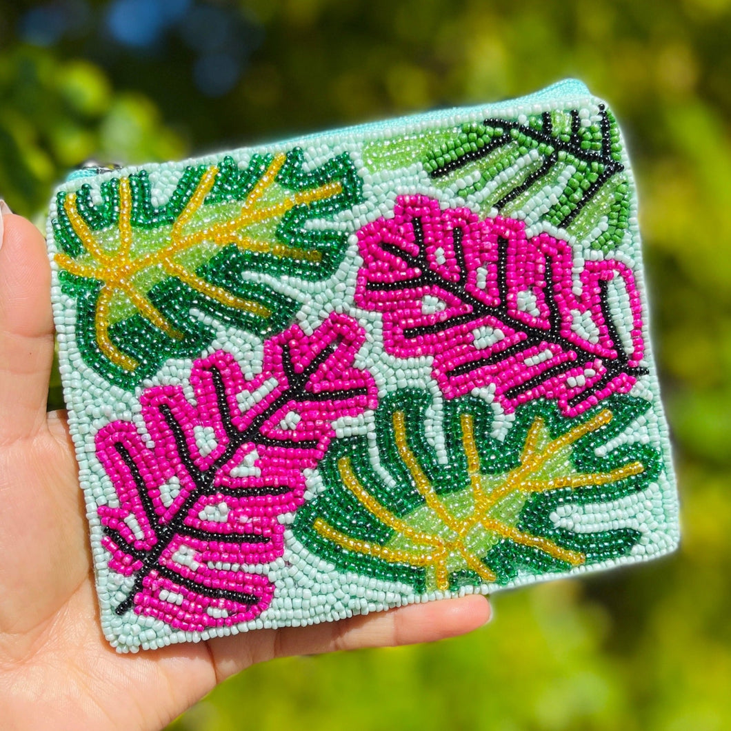 Coin Purse Pouch, Beaded Coin Purse, bead Coin Purse, Beaded Purse, Summer Coin Purse, Best Friend Gift, Pouches, Boho bags, Wallets for her, beaded coin purse, boho purse, gifs for her, cute pouch, boho pouch, boho accessories, best friend gifts, coin purse, coin pouch, money coin pouch,  girlfriend gift, miscellaneous gifts, best seller, best selling items, bachelorette gifts, birthday gifts, preppy beaded wallet, party favors, palm leaves coin purse, palms coin pouch, wallets for girls return to school 