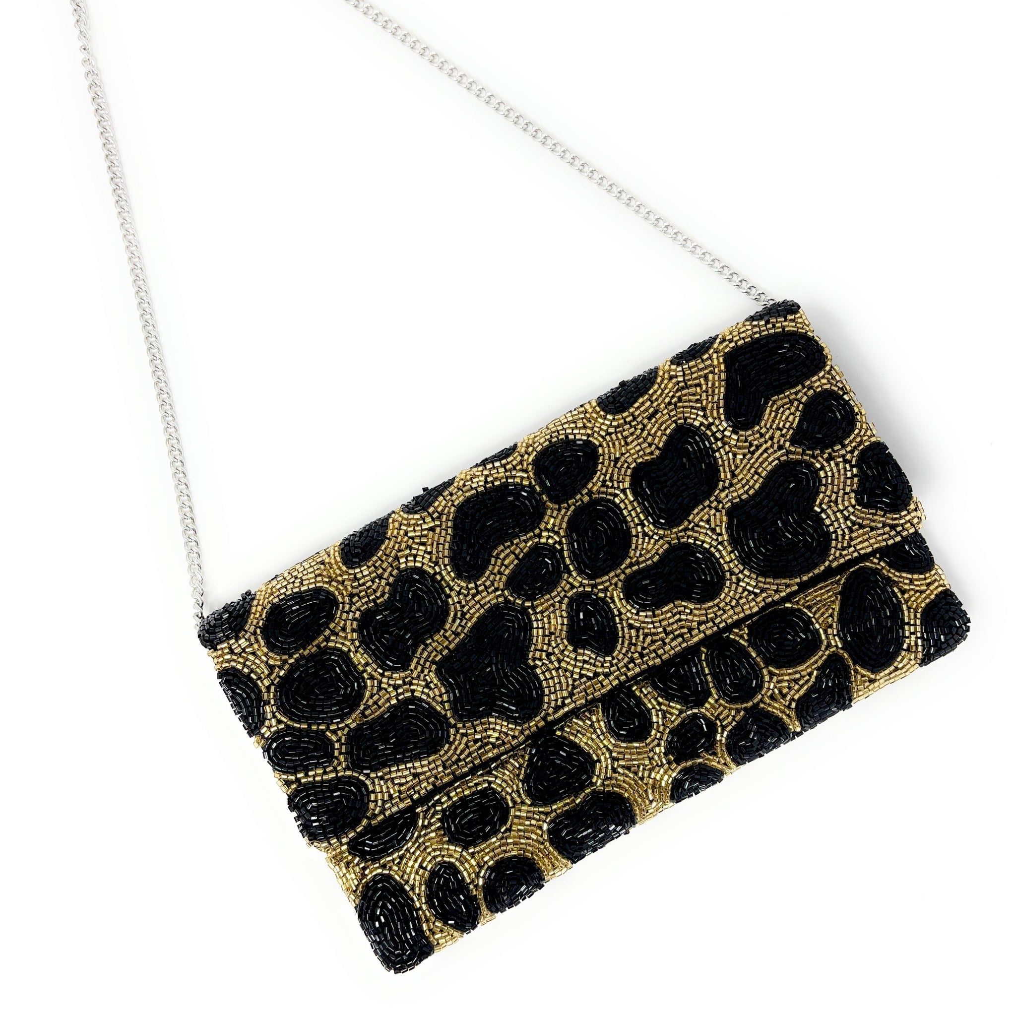 Black White Beaded Clutch, Leopard Crossbody Bag, Evening Party Bag