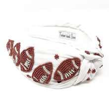 Load image into Gallery viewer, headband for women, football Knot headband, football lover headband, football knotted headband, football top knot headband, football top knotted headband, white knotted headband, football hair band, beaded football knot headband, white color football headband, statement headbands, top knotted headband, knotted headband, football lover gifts, football embellished headband, luxury headband, football fan gifts, jeweled knot headband, football knot embellished headband, football fan gifts