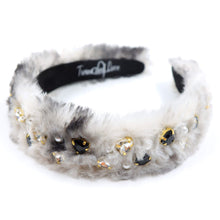 Load image into Gallery viewer, faux fur Jeweled Headband, gray fur Headbands for Women, Faux fur Jeweled Headband, Jeweled Knot Headbands, embellished Knotted Headband, knotted headband, birthday gift for her, headbands for women, best selling items, knotted headbands, hair accessories, black gray headband, statement headband, unique headband, faux fur gifts, embellished headband, heart stud headband, red headband, Black stud  headband, Stud headband for women and girls, bling headband, winter headband, heart stud headband