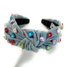 Load image into Gallery viewer, headband for women, Denim knot headband, wash denim headbands, denim knotted headbands, top knot headband, denim top knot headband, denim hair band, denim hairband, top knotted headband, handmade headbands, knotted headband, Heart jeweled headband, Jeweled knot headband, Denim Jeweled knotted headband, fashion headbands, embellished headband, rhinestone headband, gemstone headband for women, luxury headband, jeweled headband, denim jeweled headband, denim jeweled knot headband, statement headband
