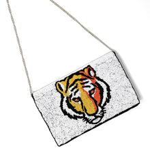 Load image into Gallery viewer, Beaded purse, tiger clutch, GameDay Purse, Tiger Beaded clutch, College GameDay clutch, Tiger Purse, Tiger Purse, Geaux tigers team, college coin purse, college beaded clutch, beaded purse, best friend gift, Tiger college bag, college gameday gift, geaux tigers clutch, Tiger pouch, hotty toddy coin purse, hotty toddy coin pouch, Geaux gifts, hotty toddy fan, college gifts, college football coin purse, LSU college, Geaux tigahs, college football bag