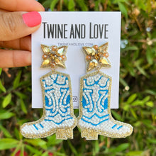 Load image into Gallery viewer, Bachelorette earrings, bride to be gifts, bride to be earrings, Bridal shower gift, bridal shower earrings, cowgirl boots earrings, cowgirl boots beaded earrings, cowgirl beaded accessories, cowgirl accessories, cowgirl earrings, cowgirl beaded earrings, bachelorette gifts, bachelorette beaded earrings, bachelorette party favors, bridal shower party favors, bachelorette gifts for her, bride to be gifts, country girl gifts, country girl earrings, beaded earrings for her, white blue earrings