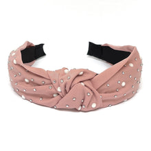 Load image into Gallery viewer, headbands for women, Wide headband, handmade headbands, top knotted headband, knotted headband, hair band for women, embellished headband, rhinestone headband, gemstone headband for women, luxury headband, jeweled headband for women, knotted jeweled headband, bling headband, embellished knot headband, luxury knot headband, pearly headbands, pearly rhinestone headband, fall hair accessories, fall headbands, pearly headbands, silk satin jeweled headband, embellished headband, best selling items