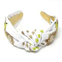 Load image into Gallery viewer, headband for women, tennis Knot headband, tennis lover headband, tennis knotted headband, tennis top knot headband, tennis top knotted headband, white knotted headband, tennis hair band, beaded baseball knot headband, green color tennis headband, statement headbands, top knotted headband, knotted headband, tennis lover gifts, baseball embellished headband, luxury headband, tennis fan gifts, jeweled knot headband, tennis knot embellished headband