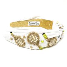 Load image into Gallery viewer, headband for women, tennis Knot headband, tennis lover headband, tennis knotted headband, tennis top knot headband, tennis top knotted headband, white knotted headband, tennis hair band, beaded baseball knot headband, green color tennis headband, statement headbands, top knotted headband, knotted headband, tennis lover gifts, baseball embellished headband, luxury headband, tennis fan gifts, jeweled knot headband, tennis knot embellished headband