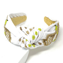 Load image into Gallery viewer, headband for women, tennis Knot headband, tennis lover headband, tennis knotted headband, tennis top knot headband, tennis top knotted headband, white knotted headband, tennis hair band, beaded baseball knot headband, green color tennis headband, statement headbands, top knotted headband, knotted headband, tennis lover gifts, baseball embellished headband, luxury headband, tennis fan gifts, jeweled knot headband, tennis knot embellished headband
