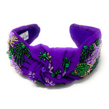 Load image into Gallery viewer, headband for women, purple Knotted headband, headbands for women, Mardi Gras headband, top knot headband, Mardi Gras top knot headband, Purple headband, stars hair band, trendy headbands, top knotted headband, statement headbands, top knotted headband, knotted headband, party headbands, hand beaded headband, fashion headbands, embellished headband, rhinestone headband, gemstone, luxury headband, jeweled headband for women, jeweled knot headband, Mardi Gras New Orleans headband 