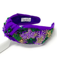 Load image into Gallery viewer, headband for women, purple Knotted headband, headbands for women, Mardi Gras headband, top knot headband, Mardi Gras top knot headband, Purple headband, stars hair band, trendy headbands, top knotted headband, statement headbands, top knotted headband, knotted headband, party headbands, hand beaded headband, fashion headbands, embellished headband, rhinestone headband, gemstone, luxury headband, jeweled headband for women, jeweled knot headband, Mardi Gras New Orleans headband 