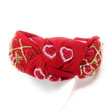 Load image into Gallery viewer, VALENTINES Jeweled Headband, Heart Headbands for Women, Heart Jeweled Knot Headband, Jeweled Knot Headbands, Valentines Day Knotted Headband, knotted headband, birthday gift for her, headbands for women, best selling items, knotted headbands, hair accessories, pink knot headband, valentine headband, valentines headband, valentines day gifts, embellished headband, heart stud headband, red headband, red hearts headband, heart headband for women and girls, bling headband, hearts knot headband, red headband