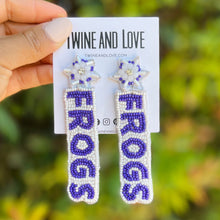 Load image into Gallery viewer, Football Earrings, GameDay Earrings, College Football Earrings, Team Earrings, GameDay Outfit,  TCU earrings, earrings for women, summer earrings, game day earrings, team game, college team earrings, game day outfit, football earrings, college gifts, horned frogs earrings, team earrings, college team gifts, woo pig bead earrings, team beaded earrings, college earrings, gameday outfit, frogs beaded earrings, Beaded horned frogs earrings, tcu college gifts, frogs beaded earrings 