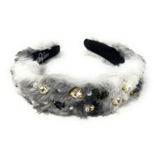 Load image into Gallery viewer, faux fur Jeweled Headband, gray fur Headbands for Women, Faux fur Jeweled Headband, Jeweled Knot Headbands, embellished Knotted Headband, knotted headband, birthday gift for her, headbands for women, best selling items, knotted headbands, hair accessories, black gray headband, statement headband, unique headband, faux fur gifts, embellished headband, heart stud headband, red headband, Black stud  headband, Stud headband for women and girls, bling headband, winter headband, heart stud headband