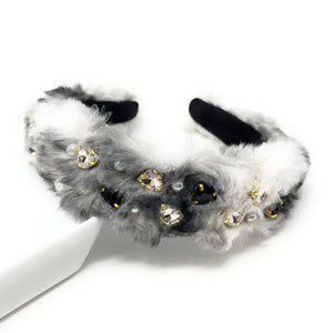 faux fur Jeweled Headband, gray fur Headbands for Women, Faux fur Jeweled Headband, Jeweled Knot Headbands, embellished Knotted Headband, knotted headband, birthday gift for her, headbands for women, best selling items, knotted headbands, hair accessories, black gray headband, statement headband, unique headband, faux fur gifts, embellished headband, heart stud headband, red headband, Black stud  headband, Stud headband for women and girls, bling headband, winter headband, heart stud headband