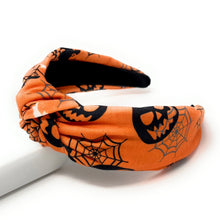 Load image into Gallery viewer, Halloween knot Headband, Halloween Knotted Headband, Orange Knotted Headband, Halloween Hair Accessories, orange Headband, Best Seller, headbands for women, best selling items, knotted headband, hairbands for women, Halloween gifts, halloween knot Headband, Halloween hair accessories, Halloween headband, Orange Halloween headband, Statement headband, Halloween gifts, embellished knot headband, Pumpkins knot headband, pumpkins headband, halloween orange headband, Orange knotted headband