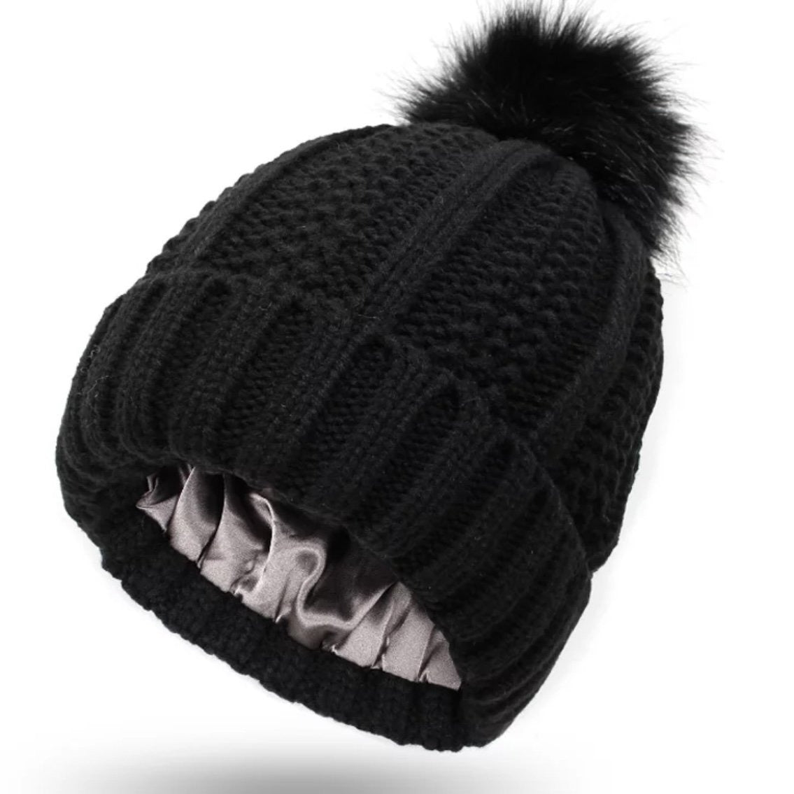 Women Winter Beanie Hat Warm Fleece Lined Knit Beanie pom pom Winter Hat  for Women, Black Beanie 