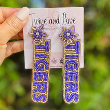 Load image into Gallery viewer, GameDay Earrings, College Football Earrings, Team Earrings, GameDay Outfit, Tigers earrings, LSU earrings, summer earrings, game day earrings, team game, college team earrings, game day outfit, football earrings, college gifts, horned frogs earrings, team earrings, college team gifts, LSU Tigers bead earrings, team beaded earrings, college earrings, gameday outfit, LSU beaded earrings, Tigers college gifts, Louisiana College football 