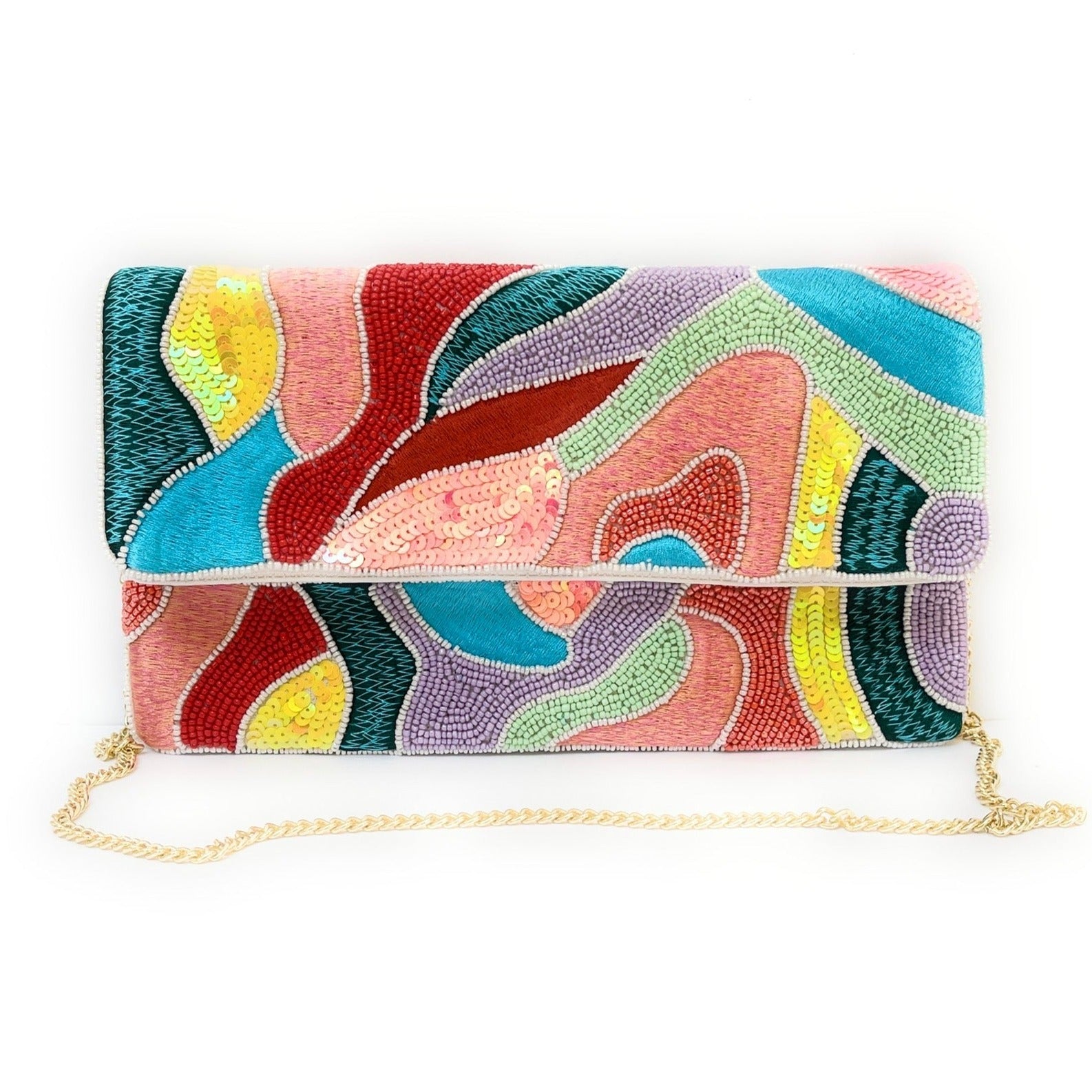 Multicolor Abstract Beaded Clutch, Seed Bead Clutch Bag, Beaded Clutch for Women Silver
