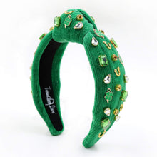 Load image into Gallery viewer, headbands for women, white green knotted headband, headband style, top knot headband, green top knot headband, lucky charm jeweled headband, lucky charm hair band, green Jeweled knot headband, St Patrick’s Jeweled headband, top knotted headband, hand bead knotted headband, Clover leaf hair band for women, St Patrick’s Embellished headband, statement headbands, embellished headband, chic headband, clover leaf knot headband, st paddy’s headband, green hair accessories, four leaf clover headband