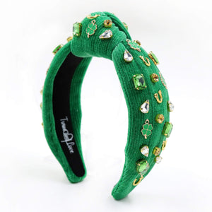 headbands for women, white green knotted headband, headband style, top knot headband, green top knot headband, lucky charm jeweled headband, lucky charm hair band, green Jeweled knot headband, St Patrick’s Jeweled headband, top knotted headband, hand bead knotted headband, Clover leaf hair band for women, St Patrick’s Embellished headband, statement headbands, embellished headband, chic headband, clover leaf knot headband, st paddy’s headband, green hair accessories, four leaf clover headband