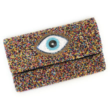 Load image into Gallery viewer, Evil Eye Beaded Clutch Purse, Rainbow Beaded Evil Eye Protection Symbol, Boho Clutch Bag, Party Clutch Purse, Birthday Gift, Crossbody Bag, Party bag, beaded clutch purse, seed bead clutch, evil eye purse, evil eye clutch, evil eye handbag, engagement gift, crossbody purse, best friends gifts, best selling items, crossbody bag, evil eye gifts, evening clutches, beaded clutches, crossbody clutch, best seller, best selling items