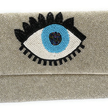 Load image into Gallery viewer, Evil Eye Beaded Clutch Purse, Silver Beaded Evil Eye Protection Symbol, Boho Clutch Bag, Party Clutch Purse, Birthday Gift, Crossbody Bag, Party bag, beaded clutch purse, seed bead clutch, evil eye purse, evil eye clutch, evil eye handbag, engagement gift, crossbody purse, best friends gifts, best selling items, crossbody bag, evil eye gifts, evening clutches, beaded clutches, crossbody clutch, best seller, best selling items