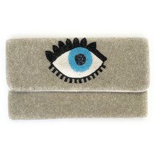 Load image into Gallery viewer, Evil Eye Beaded Clutch Purse, Silver Beaded Evil Eye Protection Symbol, Boho Clutch Bag, Party Clutch Purse, Birthday Gift, Crossbody Bag, Party bag, beaded clutch purse, seed bead clutch, evil eye purse, evil eye clutch, evil eye handbag, engagement gift, crossbody purse, best friends gifts, best selling items, crossbody bag, evil eye gifts, evening clutches, beaded clutches, crossbody clutch, best seller, best selling items
