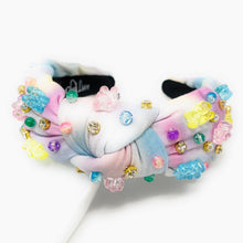 Load image into Gallery viewer, Gummy bear headband, sprinkles Knotted headband, headbands for women, birthday headbands, top knot headband, sprinkles top knot headband, rainbow  knot headband, tie dye headband, denim tie dye headbands, top knotted headband, statement headbands, gummy bear knot headband, knotted headband, party headbands, gummi bear headband, candy headbands, embellished headband, rhinestone headband, gemstone headband for women, luxury headband, jeweled headband for women, jeweled knot headband, happy birthday headbands 