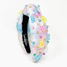 Load image into Gallery viewer, Gummy bear headband, sprinkles Knotted headband, headbands for women, birthday headbands, top knot headband, sprinkles top knot headband, rainbow  knot headband, tie dye headband, denim tie dye headbands, top knotted headband, statement headbands, gummy bear knot headband, knotted headband, party headbands, gummi bear headband, candy headbands, embellished headband, rhinestone headband, gemstone headband for women, luxury headband, jeweled headband for women, jeweled knot headband, happy birthday headbands 