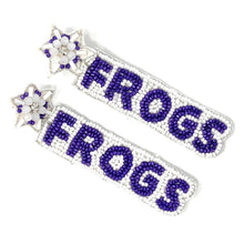 Load image into Gallery viewer, Football Earrings, GameDay Earrings, College Football Earrings, Team Earrings, GameDay Outfit,  TCU earrings, earrings for women, summer earrings, game day earrings, team game, college team earrings, game day outfit, football earrings, college gifts, horned frogs earrings, team earrings, college team gifts, woo pig bead earrings, team beaded earrings, college earrings, gameday outfit, frogs beaded earrings, Beaded horned frogs earrings, tcu college gifts, frogs beaded earrings 