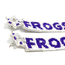 Load image into Gallery viewer, Football Earrings, GameDay Earrings, College Football Earrings, Team Earrings, GameDay Outfit,  TCU earrings, earrings for women, summer earrings, game day earrings, team game, college team earrings, game day outfit, football earrings, college gifts, horned frogs earrings, team earrings, college team gifts, woo pig bead earrings, team beaded earrings, college earrings, gameday outfit, frogs beaded earrings, Beaded horned frogs earrings, tcu college gifts, frogs beaded earrings 