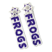 Load image into Gallery viewer, Football Earrings, GameDay Earrings, College Football Earrings, Team Earrings, GameDay Outfit,  TCU earrings, earrings for women, summer earrings, game day earrings, team game, college team earrings, game day outfit, football earrings, college gifts, horned frogs earrings, team earrings, college team gifts, woo pig bead earrings, team beaded earrings, college earrings, gameday outfit, frogs beaded earrings, Beaded horned frogs earrings, tcu college gifts, frogs beaded earrings 