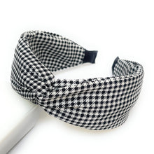 Load image into Gallery viewer, knotted headbands, headbands for women, top knot headband, pearl headband, best selling items, oversized headband, pearl knot headband, headbands for her, hair accessories, best seller, hairbands for women, pearl accessories, best friend gift, houndstooth headband, houndstooth print, black white headband, white black headband, black white hair accessories, black white accessories, black white headband, pearly headband, winter headband, fall headbands, black white headbands, houndstooth print headbands