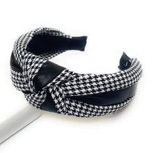 Load image into Gallery viewer, knotted headbands, headbands for women, top knot headband, pearl headband, best selling items, oversized headband, pearl knot headband, headbands for her, hair accessories, best seller, hairbands for women, pearl accessories, best friend gift, houndstooth headband, houndstooth print, black white headband, white black headband, black white hair accessories, black white accessories, black white headband, pearly headband, winter headband, fall headbands, black white headbands, houndstooth print headbands