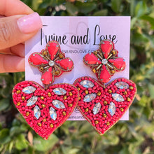 Load image into Gallery viewer, Hearts beaded earrings, Red Hearts earrings, Heart earrings, bridal shower gift, bachelorette earrings, bridal gift, bride to be gift, bachelorette gift, bride statement beaded earrings, bridal gift, bachelorette party, Red earrings, best friend gift, bachelorette gift, red beaded earrings, birthday gift for bride, party treats, bride to be gift, gifts for bridal shower, gift for bride, valentines day gifts, valentines day earrings, bridal shower gifts, bridesmaids gifts, red beaded earrings