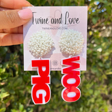 Load image into Gallery viewer, Football Earrings, GameDay Earrings, College Football Earrings, Team Earrings, GameDay Outfit, Woo Pig earrings, earrings for women, summer earrings, game day earrings, team game, college team earrings, game day outfit, football earrings, college gifts, Woo Pig Sooie earrings, team earrings, college team gifts, woo pig bead earrings, team beaded earrings, college earrings, gameday outfit, Sooie beaded earrings, Beaded woo pig earrings, woo pig college gifts, Razorbacks beaded earrings 