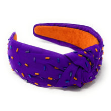 Load image into Gallery viewer, headband for women, sprinkles Knotted headband, headbands for women, birthday headbands, top knot headband, sprinkles top knot headband, purple orange headband, purple hair band, purple orange headbands, top knotted headband, statement headbands, orange purple Knot headband, knotted headband, Clemson headband, clemson hair accessories, fashion headbands, Clemson tigers headband, game dayhair accessories, gemstone headband for women, luxury headband, jeweled headband,