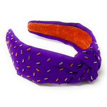 Load image into Gallery viewer, headband for women, sprinkles Knotted headband, headbands for women, birthday headbands, top knot headband, sprinkles top knot headband, purple orange headband, purple hair band, purple orange headbands, top knotted headband, statement headbands, orange purple Knot headband, knotted headband, Clemson headband, clemson hair accessories, fashion headbands, Clemson tigers headband, game dayhair accessories, gemstone headband for women, luxury headband, jeweled headband,