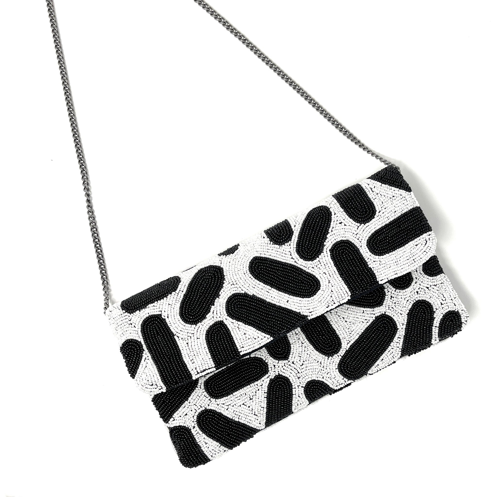 Black White Beaded Clutch, Leopard Crossbody Bag, Evening Party Bag